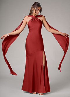 Azazie Kinsley Bridesmaid Dresses Pomegranate Mermaid Side Slit Stretch Satin Dress image2