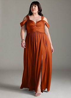 Azazie Lianne Bridesmaid Dresses Burnt Orange A-Line Off the Shoulder Stretch Satin Dress image18