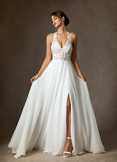 Azazie Sonja Wedding Dresses Diamond White Champagne A-Line Lace Dress image5