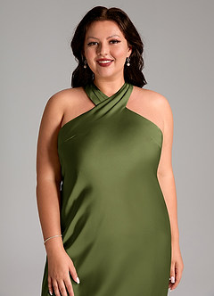 Azazie Doretta Bridesmaid Dresses Olive Mermaid Pleated Stretch Satin Dress image11