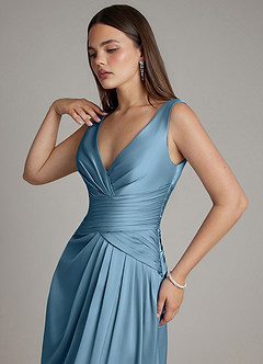 Azazie Pauline Vente finale Robe Trapèze en Satin extensible Plissé Acier Bleuté image3
