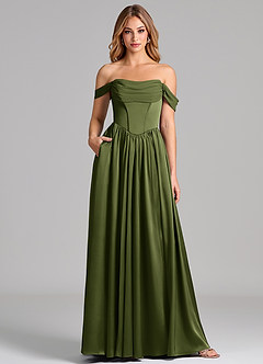 Azazie Raisa Robes de demoiselle d'honneur Robe Trapèze en Satin extensible Épaule décolletée Olive image1