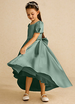 Azazie Zippy Flower Girl Dresses Eucalyptus A-Line with Sleeves Matte Satin Dress image4