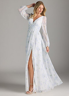 Azazie Norah Robes de demoiselle d'honneur Robe Trapèze en Mousseline de soie Col en V, manches longues Bleu Vintage Florale image5