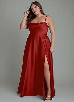 Azazie Elle Bridesmaid Dresses Pomegranate A-Line Pleated Stretch Satin Dress image12