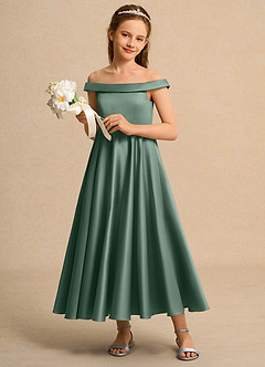 Azazie Teeny Junior Formal vestidos de niña de las flores Vestido de Eucalipto de Satin Mate de Corte En A con Plisado image4