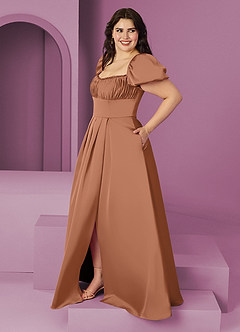 Barbie ♥ Azazie Final Sale Bronzer A-Line Ruched Stretch Satin Dress image9