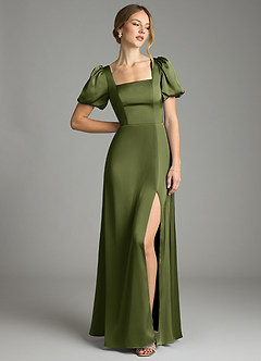 Azazie Fyona Bridesmaid Dresses Olive A-Line Pleated Stretch Satin Dress image3