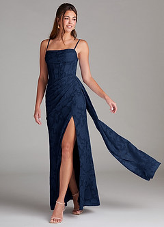 Azazie Denisa Bridesmaid Dresses Dark Navy Sheath Pleated Floral Burnout Dress image1