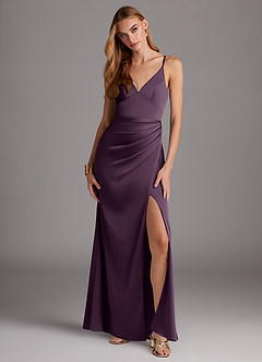 Azazie Shania Brautjungfernkleider Etui V-Hals Gefaltet Stretch-Satin Kleid Pflaume image1