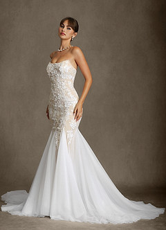 Azazie Harmony Wedding Dresses Diamond White Champagne Mermaid Strapless Tulle Dress image10