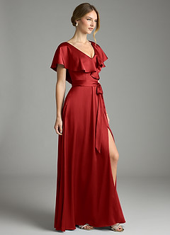 Azazie Lainey Bridesmaid Dresses Pomegranate A-Line with Pockets Stretch Satin Dress image5