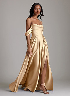 Azazie Loisa Abiti da Damigella Abito A-Line in Raso Elasticizzato a Spalla Scoperta Champagne image6