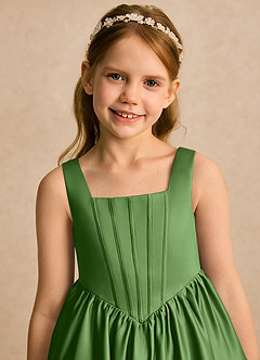 Azazie Myla Flower Girl Dresses Basil A-Line Pleated Matte Satin Dress image6