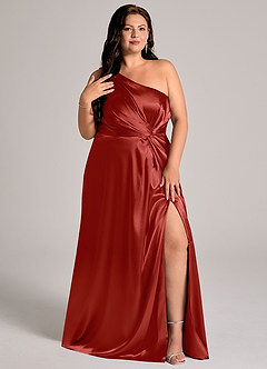 Azazie Brooke Bridesmaid Dresses Rust A-Line One Shoulder Metallic Satin Dress image12
