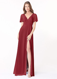 Azazie Kimber Bridesmaid Dresses Pomegranate A-Line Flounce Sleeve Chiffon Dress image1