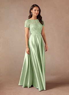 Azazie Adina Mother of the Bride Dresses Dusty Sage A-Line Lace Metallic Satin Dress image3
