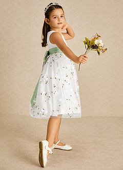 Azazie Pollie Flower Girl Dresses Ivory Dusty Sage A-Line Bow Tulle Dress image3