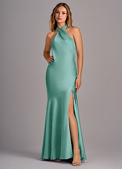 Azazie Lorena Bridesmaid Dresses Aqua Mermaid Pleated Stretch Satin Dress image1
