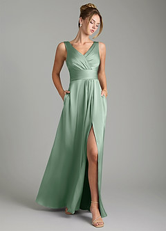 Azazie Karina Robes de demoiselle d'honneur Robe Trapèze en Satin extensible Plissée Agave image1