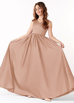 Azazie Hathaway Junior Champagne Rose A-Line Bow Matte Satin Dress image1