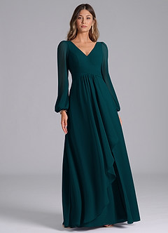 Azazie Omari Bridesmaid Dresses Pine A-Line Long Sleeve Chiffon Dress image3