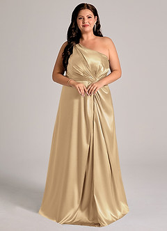 Azazie Brooke Bridesmaid Dresses Champagne A-Line One Shoulder Metallic Satin Dress image4