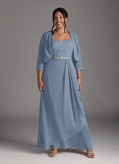 Azazie Ainsling Mère de la mariée Robes Robe Trapèze en Mousseline de soie Dentelle à encolure carrée Bleu Poussiéreux image12