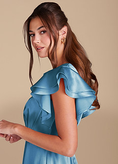 Azazie Daphne Modest Bridesmaid Dresses A-Line Ruched Metallic Satin Floor-Length Dress image5