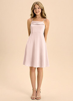 Azazie Anselie Junior Blushing Pink A-Line Pleated Stretch Satin Dress image5