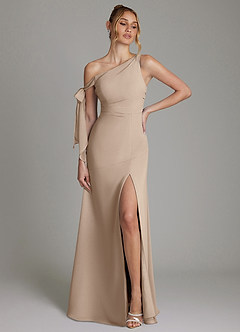 Azazie Aylin Bridesmaid Dresses Taupe Sheath Off the Shoulder Chiffon Dress image1