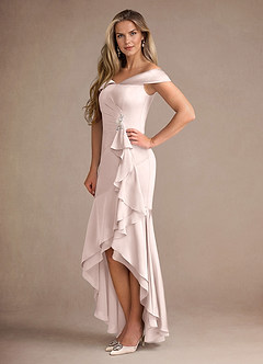 Azazie Billings Mother of the Bride Dresses Blushing Pink Mermaid Off the Shoulder Stretch Satin Dress image2