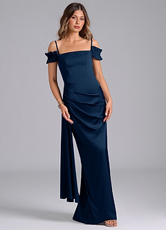 Azazie Kalysia Bridesmaid Dresses Dark Navy Mermaid Off the Shoulder Stretch Satin Convertible Dress image4