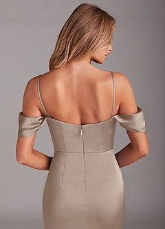 Azazie Saige Bridesmaid Dresses Taupe Sheath Off the Shoulder Stretch Satin Dress image8