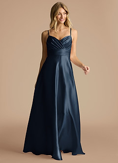 Azazie Oliana Bridesmaid Dresses Dark Navy A-Line Pleated Metallic Satin Dress image5