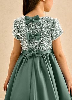 Azazie Cashew Flower Girl Dresses Eucalyptus Ball-Gown with Sleeves Matte Satin Dress image7