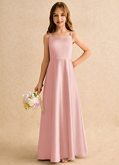 Azazie Joella Girls Formal Robe Demoiselle D'honneur Fillette Robe Trapèze en Satin extensible Plissée Rose Poudré image3