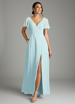 Azazie Kimber Bridesmaid Dresses Sea Glass A-Line Flounce Sleeve Chiffon Dress image4