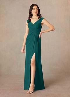 Azazie Sally Final Sale Peacock A-Line V-Neck Pleated Chiffon Dress image2