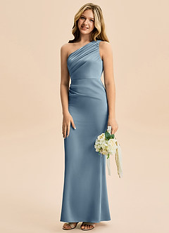 Azazie Akilah Junior Robe Fourreau en Satin extensible Plissée Bleu Poussiéreux image5