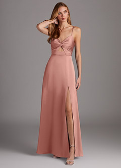 Azazie Jenna Bridesmaid Dresses Rosette A-Line Pleated Stretch Satin Dress image1