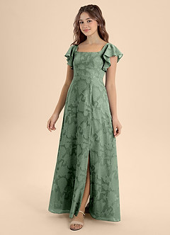 Azazie Bondi Junior Vestido de Matcha de Devorado Floral de Corte En A con Lazo image1