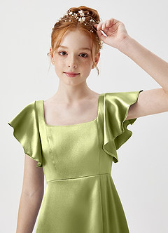 Azazie Bondi Junior Pistachio A-Line Side Slit Metallic Satin Dress image5