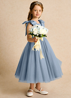 Azazie Serene Flower Girl Dresses Dusty Blue Ball-Gown Bow Matte Satin Dress image5