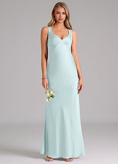 Azazie Kamila Bridesmaid Dresses Sea Glass A-Line Pleated Stretch Satin Dress image1