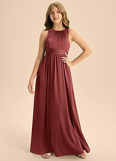 Azazie Jaylah Junior Terracotta A-Line Pleated Stretch Satin Dress image1