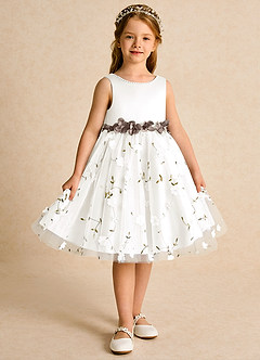 Azazie Starri Flower Girl Dresses Ivory Taupe Ball-Gown Beaded Matte Satin Dress image7