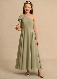 Azazie Guppy Junior Formal Robe Demoiselle D'honneur Fillette Robe Trapèze en Mousseline de soie Une épaule Vert Mousse image3