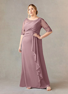 Azazie Dionysus At-home Try On Dresses Dusty Rose A-Line Boatneck Lace Chiffon Dress image6