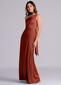 Azazie Philana Bridesmaid Dresses Terracotta A-Line One Shoulder Stretch Satin Dress image6